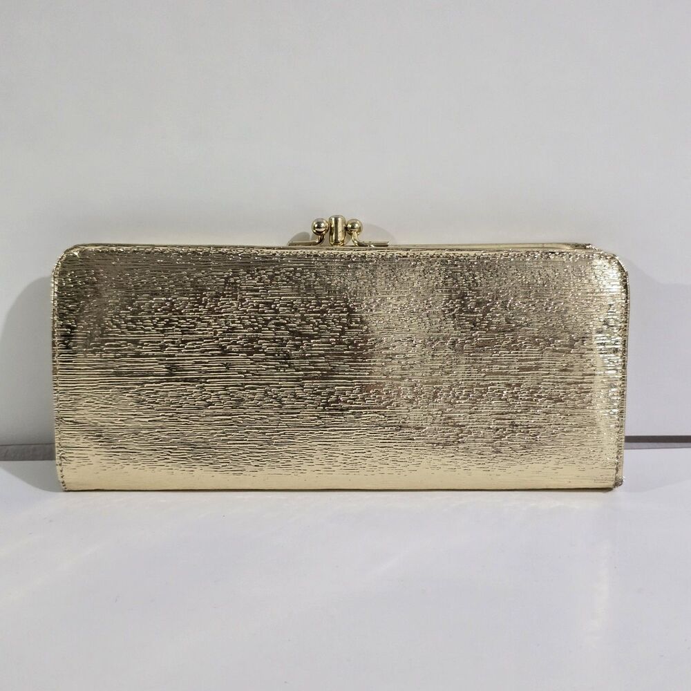 Vintage - Baronet - Wallet - 2 Sided Snap & Kiss Lock Gold Lamé Billfold - Gold